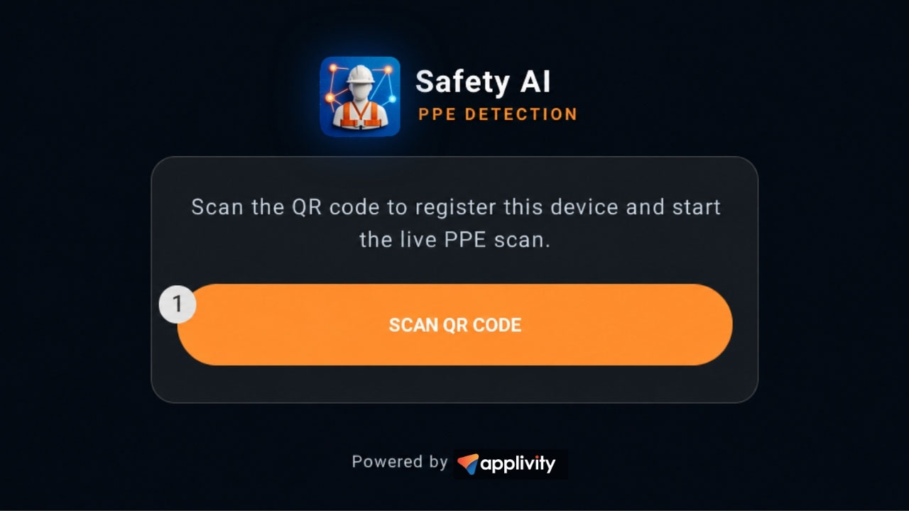 Safety AI app on the headset showing the Scan QR Code button