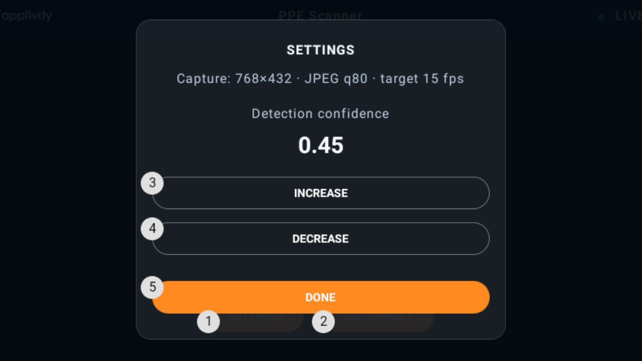 Headset Settings panel showing detection confidence with increase, decrease and done controls