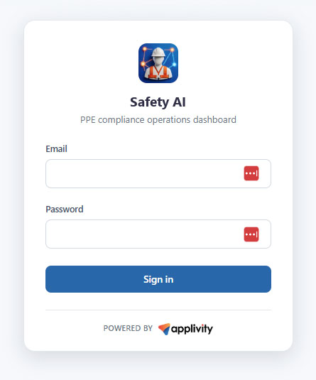 Safety AI dashboard sign-in card with email and password fields