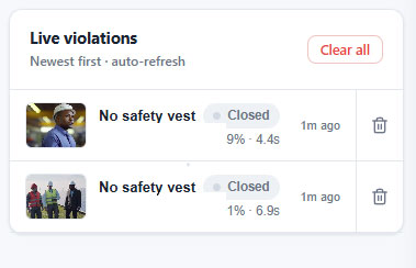 Live violations list showing recent no-safety-vest records with status and age